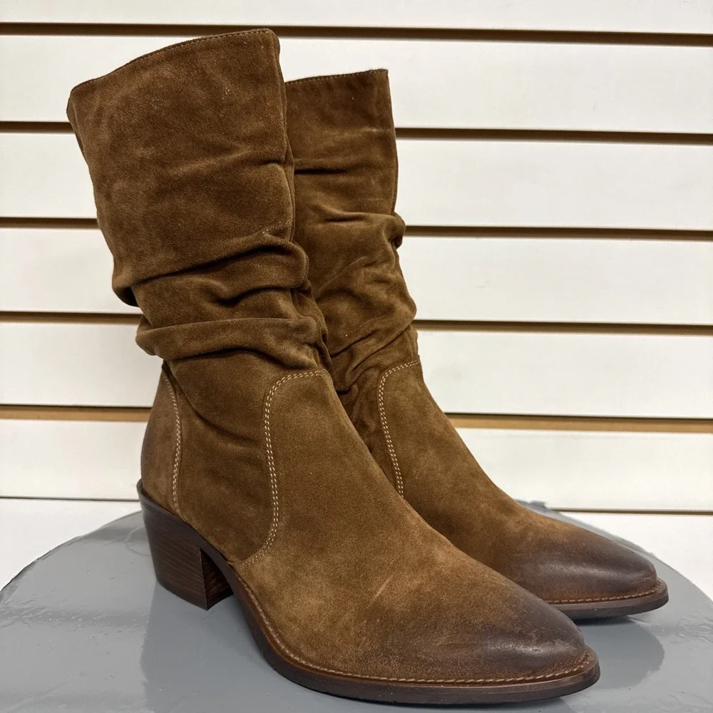 Donna Carolina Boot Slouch Nubuck Suede Leather‎ Cowgirl Western Side Zip 36.5